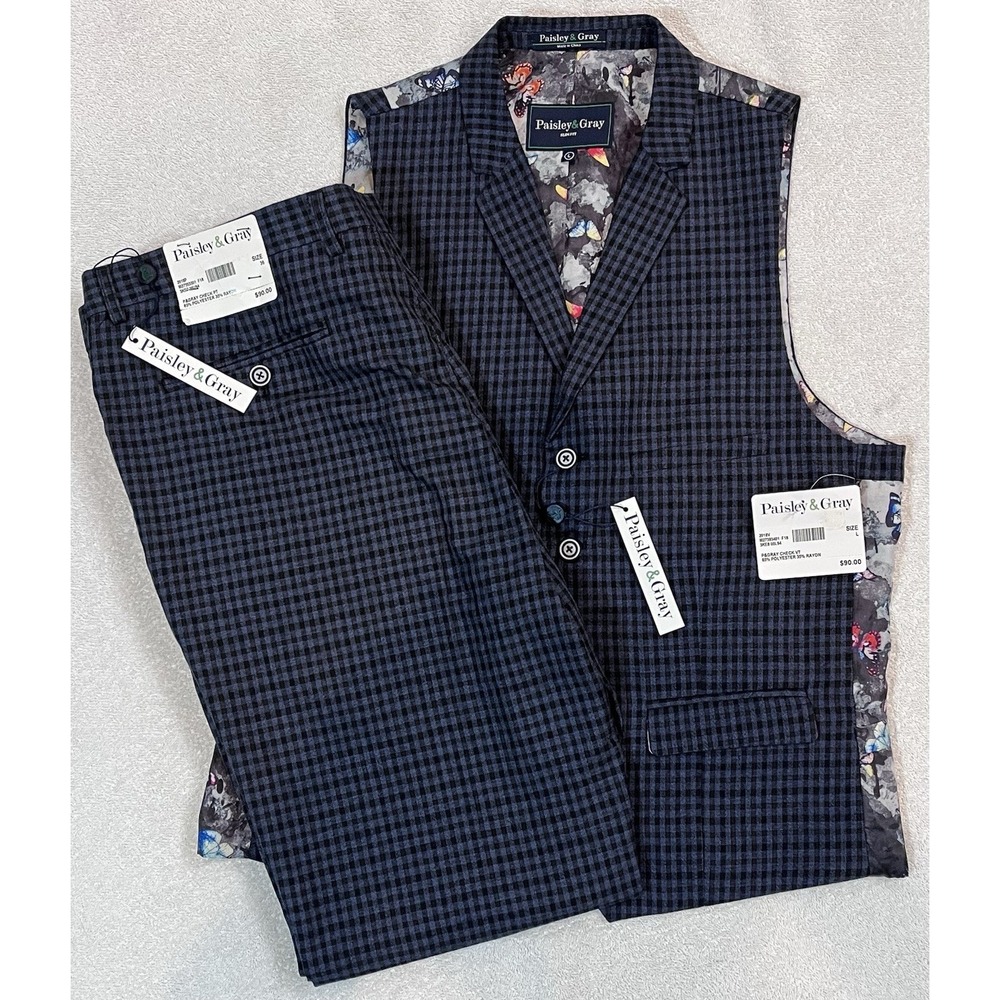 Paisley and Gray Slim Fit 2 Pc Blue Check Vest + Pants Set Size L /W36x32L NWT
